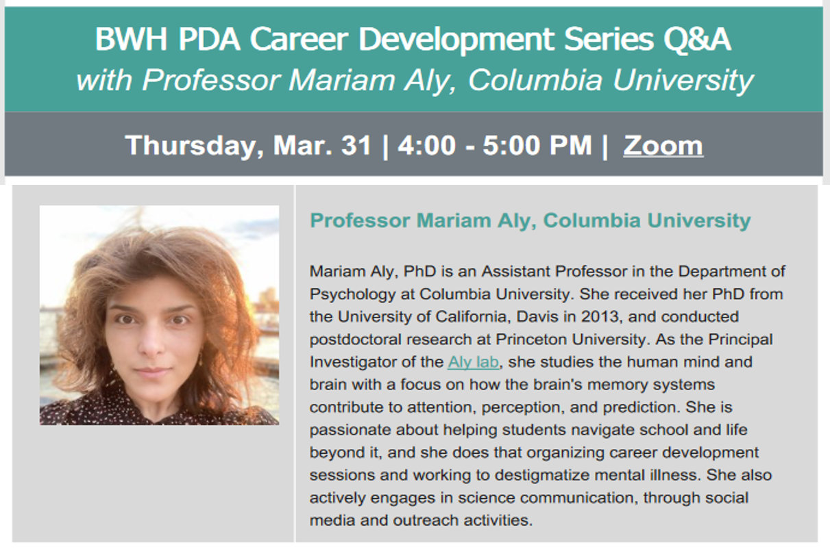 Flyer for March 2022 BWH PDA Career Series Q&A with Prof. Mariam Aly