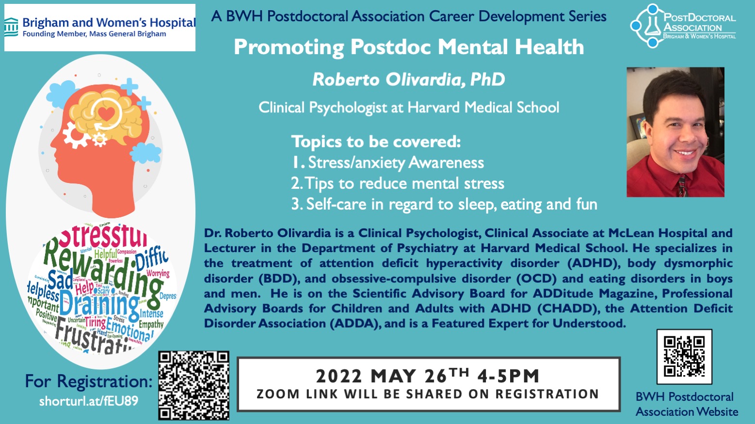 Flyer for May 26, 2022 event: Promoting Postdoc Mental Health as part of the BWHPDA Career Development Series.