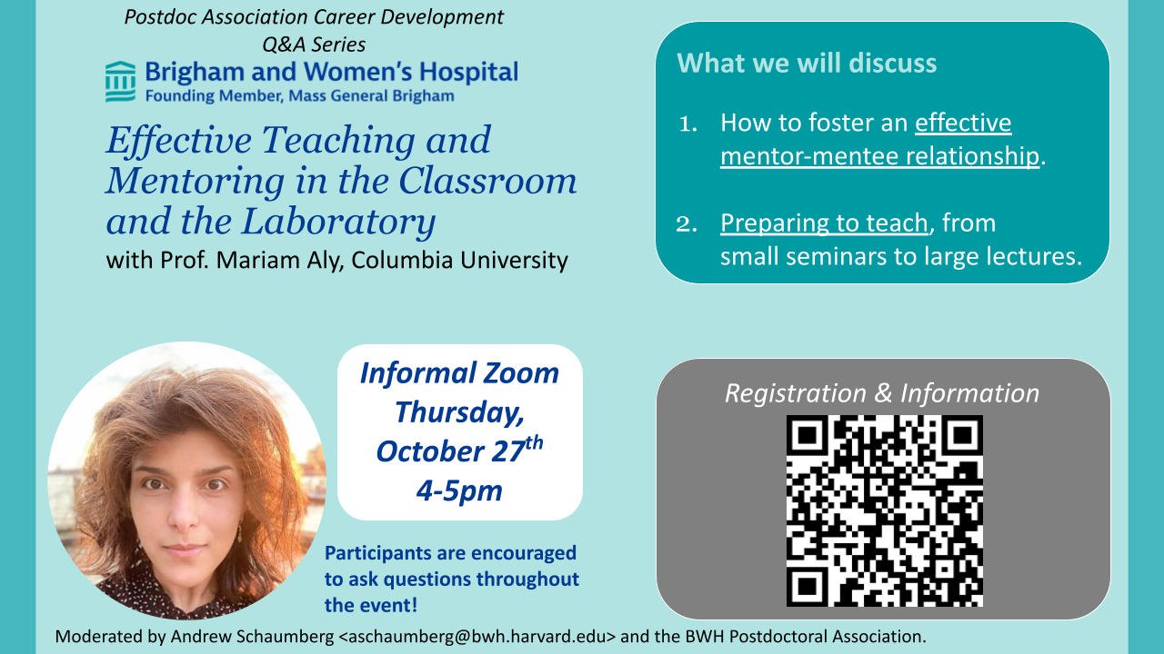 Poster for the Oct 27, 2022 BWHPDA Q&A with Prof. Mariam Aly: Effective Teaching and Mentoring in the Classroom and the Laboratory