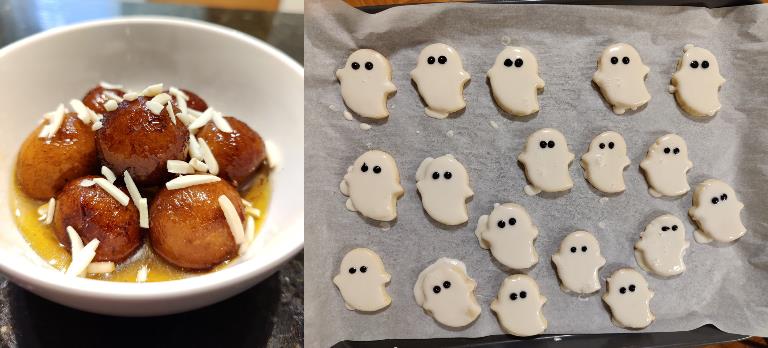 Two pictures of food: left, gulab jamun; right, cookies in the shape of ghosts on a baking sheet.