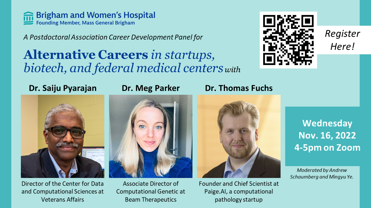 Flyer for the November 17, 2022 BWH PDA Career Panel: Alternative Careers in startups, biotech, and federal medical centers.