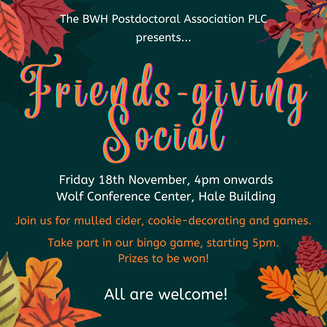 Flyer for the BWHPDA Friendsgiving Social on Nov 18 2022