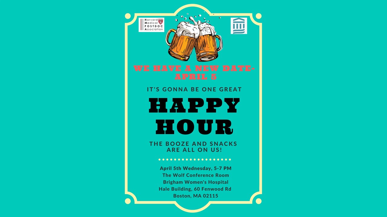 Poster for BWH PDA Happy Hour on April 5, 2023 at 5pm