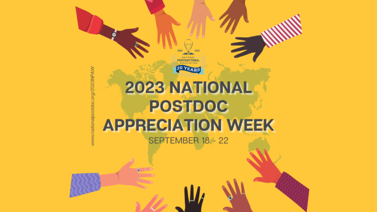 2023 National Postdoc Appreciation Week banner with multiracial hands reaching out towards a global map
