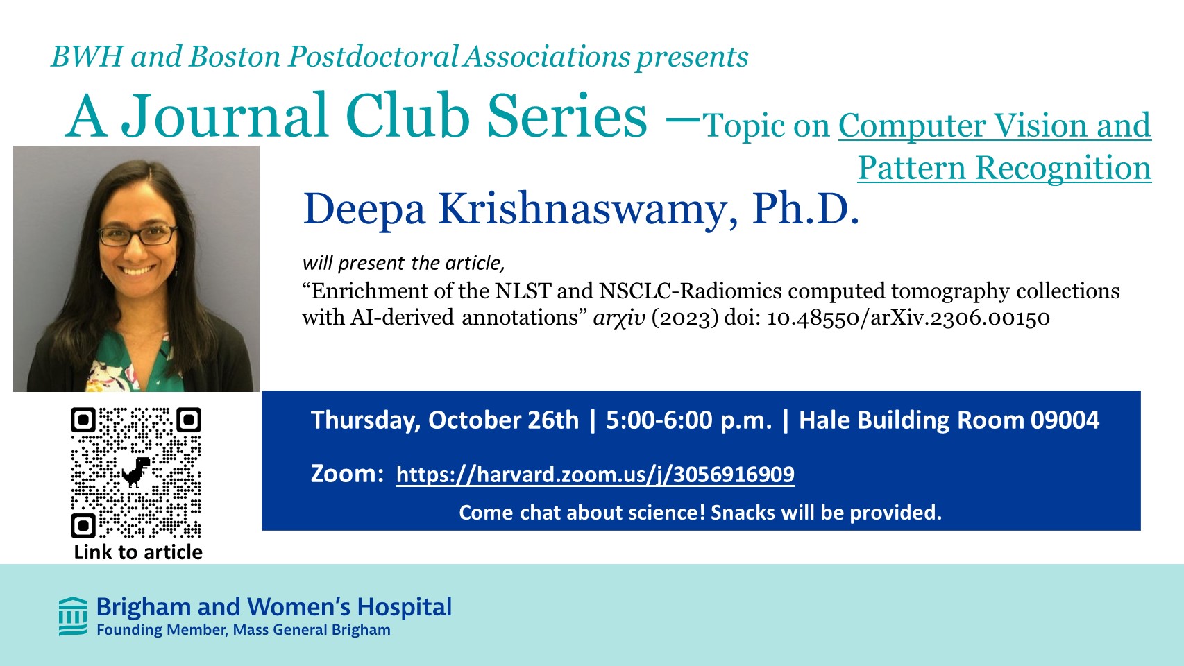 Flyer for October 26, 2023 Postdoc Journal Club featuring Deepa Krishnaswamy presenting on Computer Vision and Pattern Recognition.