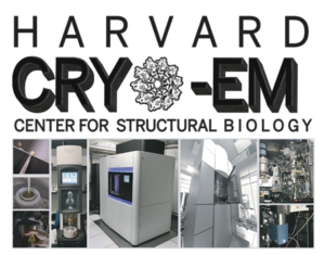 Logo that reads, "Harvard Cryo-EM: Center for Structural Biology" with several photos of large microscopes and equipment.